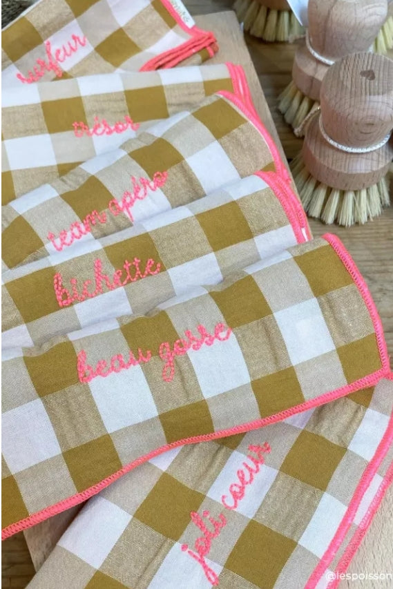 Serviette de table brodée vichy - Moutarde